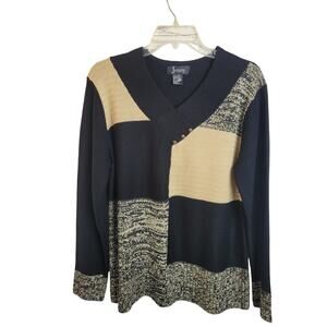 NWOT VTG Jenny Black Tan Pullover Sweater V-Neck Colorblock Women's Size Large